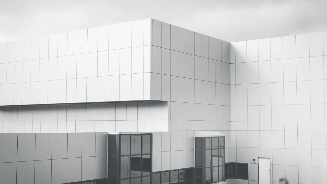 Minimalist white panel facade of a modern building against cloudy sky
