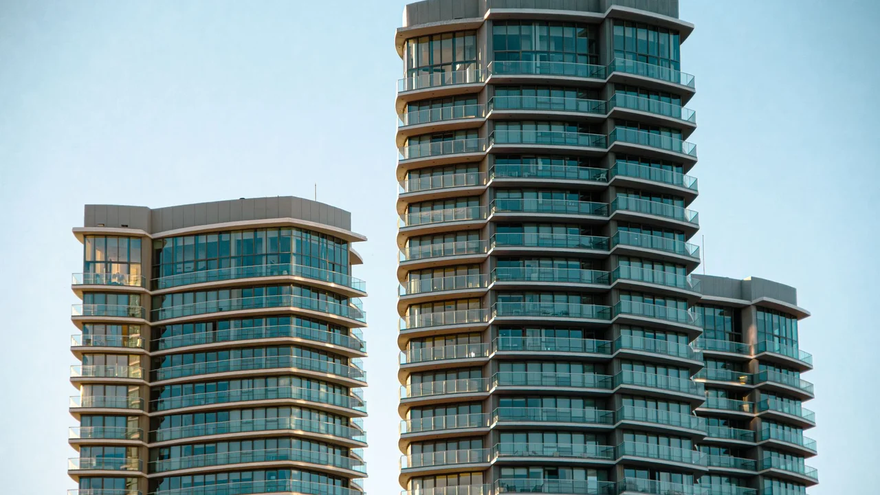 Two modern high-rise buildings with glass facades against a clear sky.