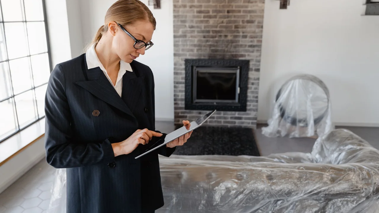 A real estate agent in a suit uses a digital tablet to review documents in a modern living room.