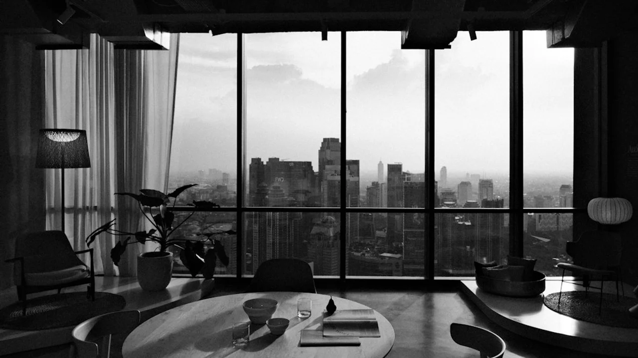 Modern office with city view through large windows