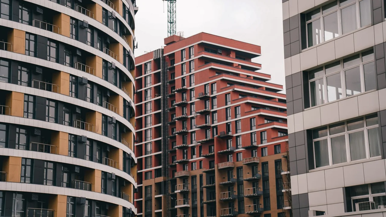 Contemporary urban architecture featuring high-rise apartment buildings in Kyiv, Ukraine.